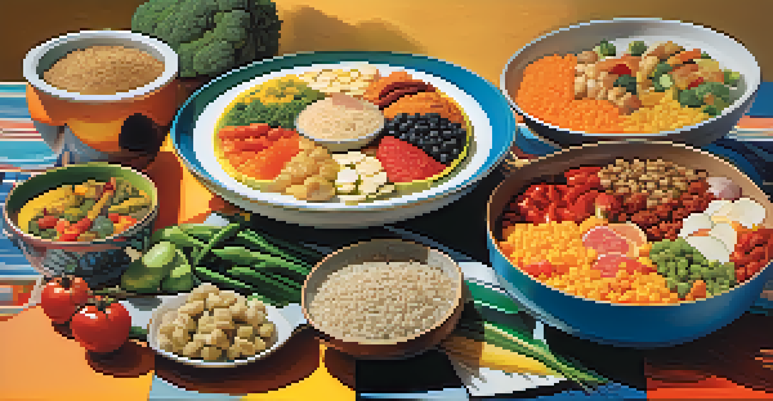 A split image showcasing a platter of diverse cultural dishes on one side and a nutritional chart on the other, blending healthy eating with cultural foods.