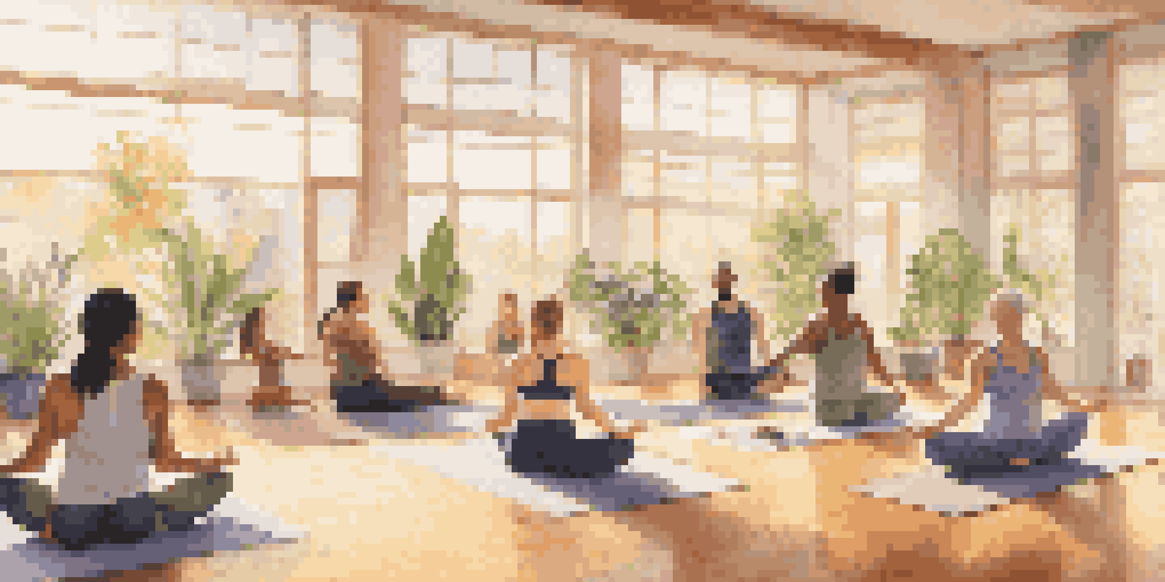 A diverse group of individuals practicing yoga in a sunlit room, emphasizing mindfulness and relaxation.