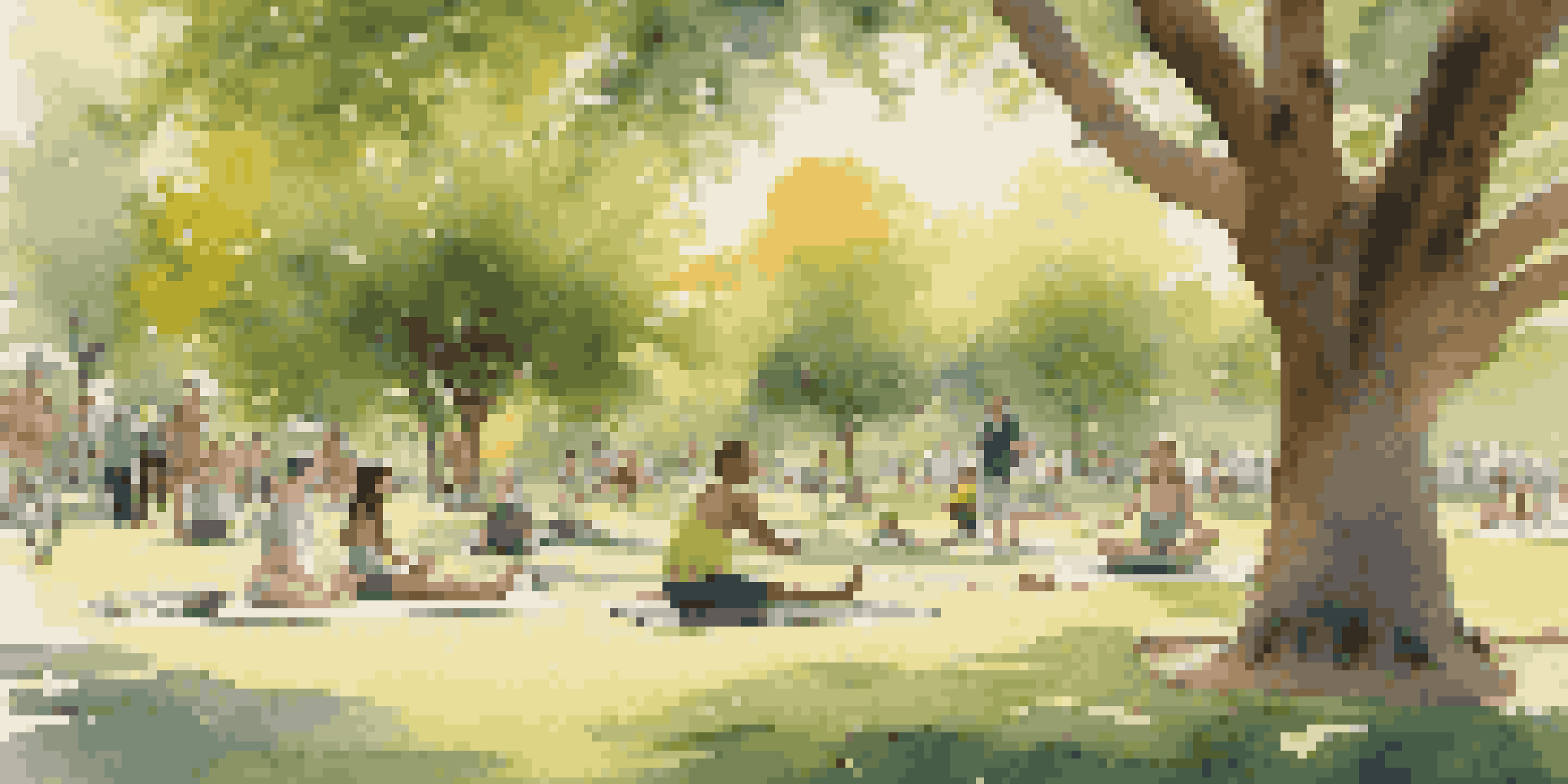 A vibrant park scene with people engaging in different hobbies like painting, yoga, and playing frisbee under a sunny sky.