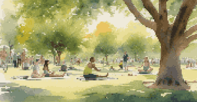 A vibrant park scene with people engaging in different hobbies like painting, yoga, and playing frisbee under a sunny sky.