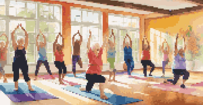 Seniors participating in a joyful yoga class in a bright community center with sunlight pouring in.
