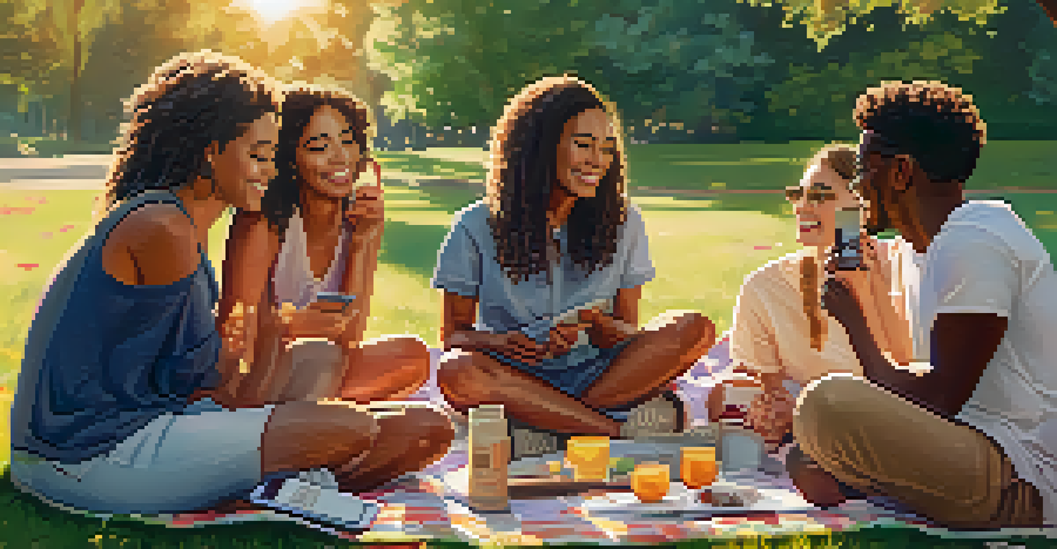 A group of friends enjoying a picnic in the park, laughing and talking without their phones.