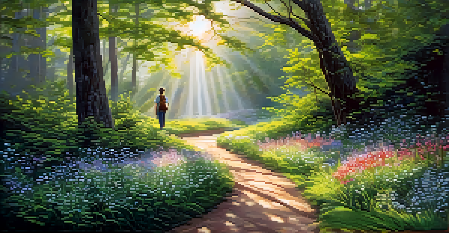 A person walking along a winding path in a lush forest with sunlight filtering through the trees.