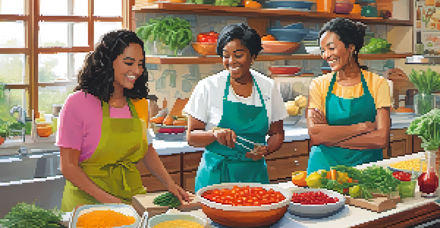 A lively nutrition workshop in a kitchen where diverse participants prepare healthy traditional dishes together.