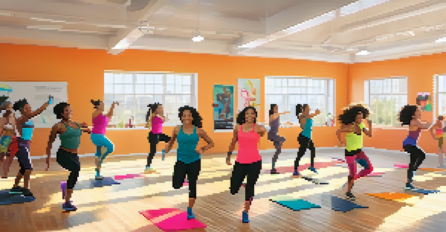 A lively fitness class with diverse participants enjoying a dance workout in a bright studio.