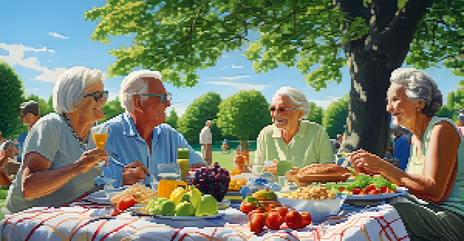Seniors gathered around a picnic blanket filled with healthy foods, enjoying each other's company in a sunny park.