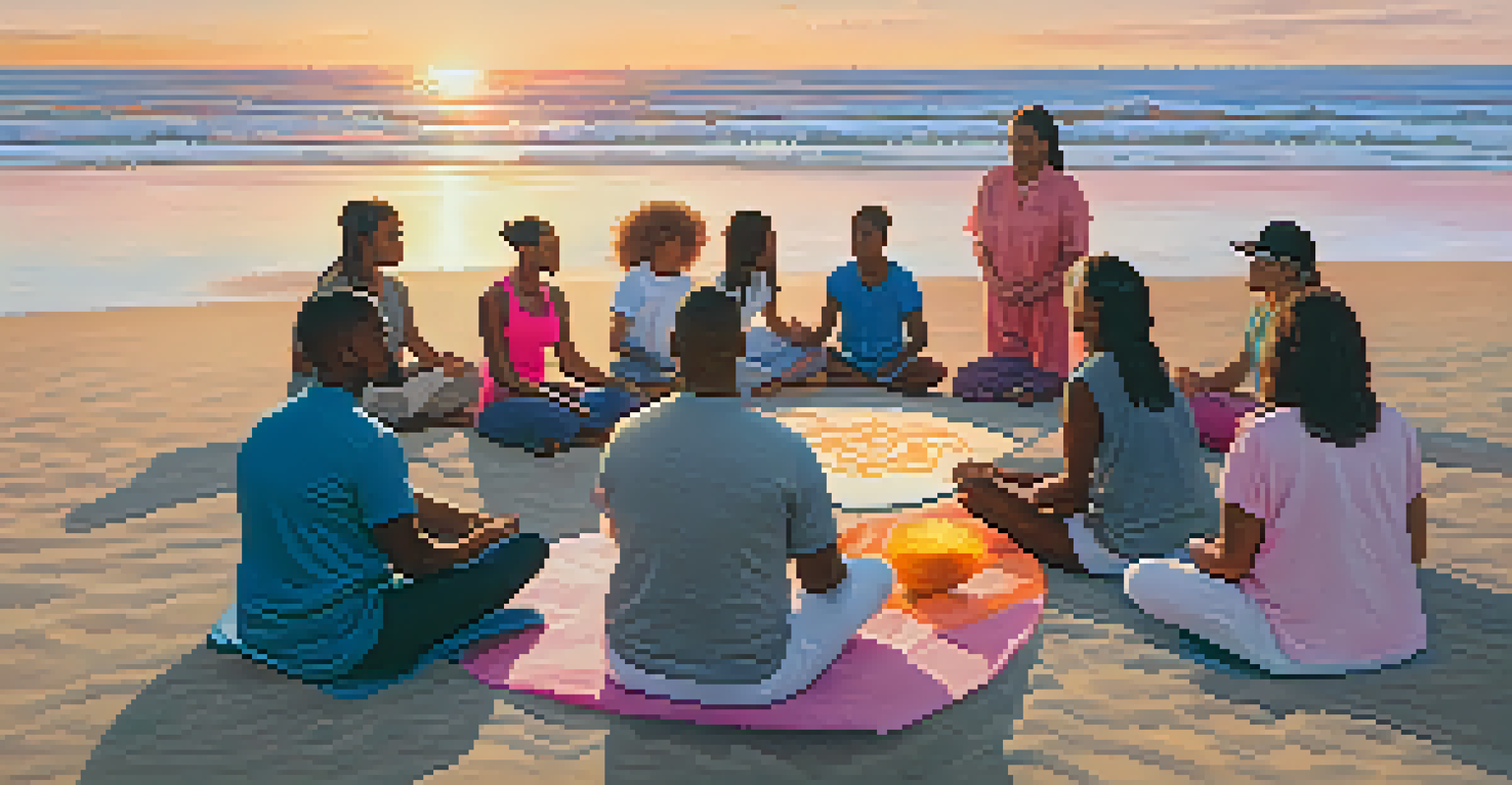 A diverse group meditating together on a beach during sunrise, with soft waves and a colorful sky.