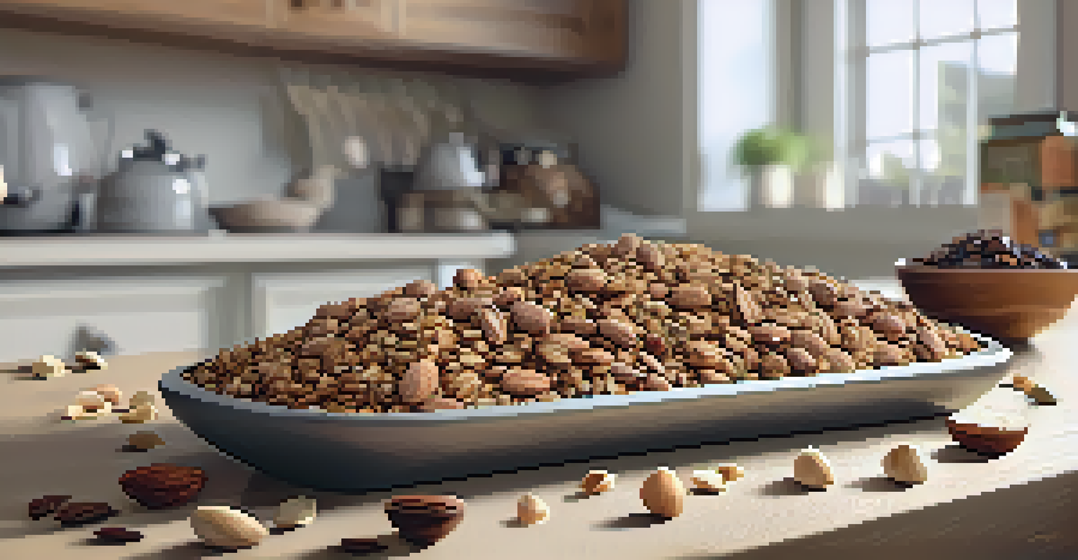 A snack platter with energy bites, nuts, dried fruits, and cacao nibs, placed in a cozy kitchen setting.