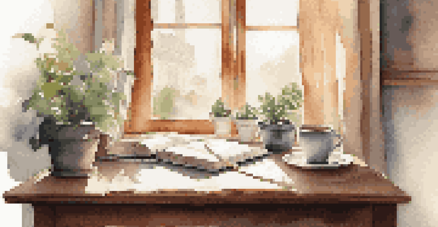A cozy workspace with a wooden desk, a journal, and a cup of tea, bathed in natural light.