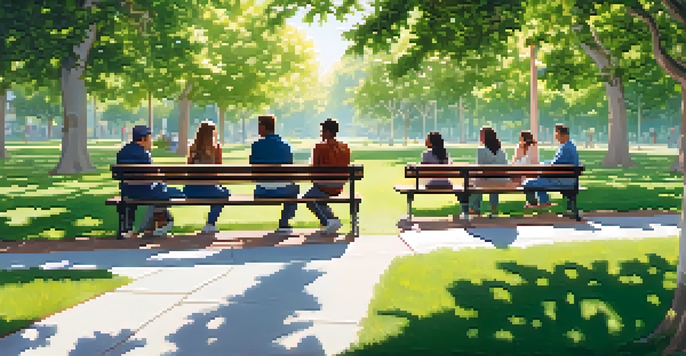 A peaceful park with people of various backgrounds sitting on benches, talking and sharing, with vibrant flowers and trees around them.