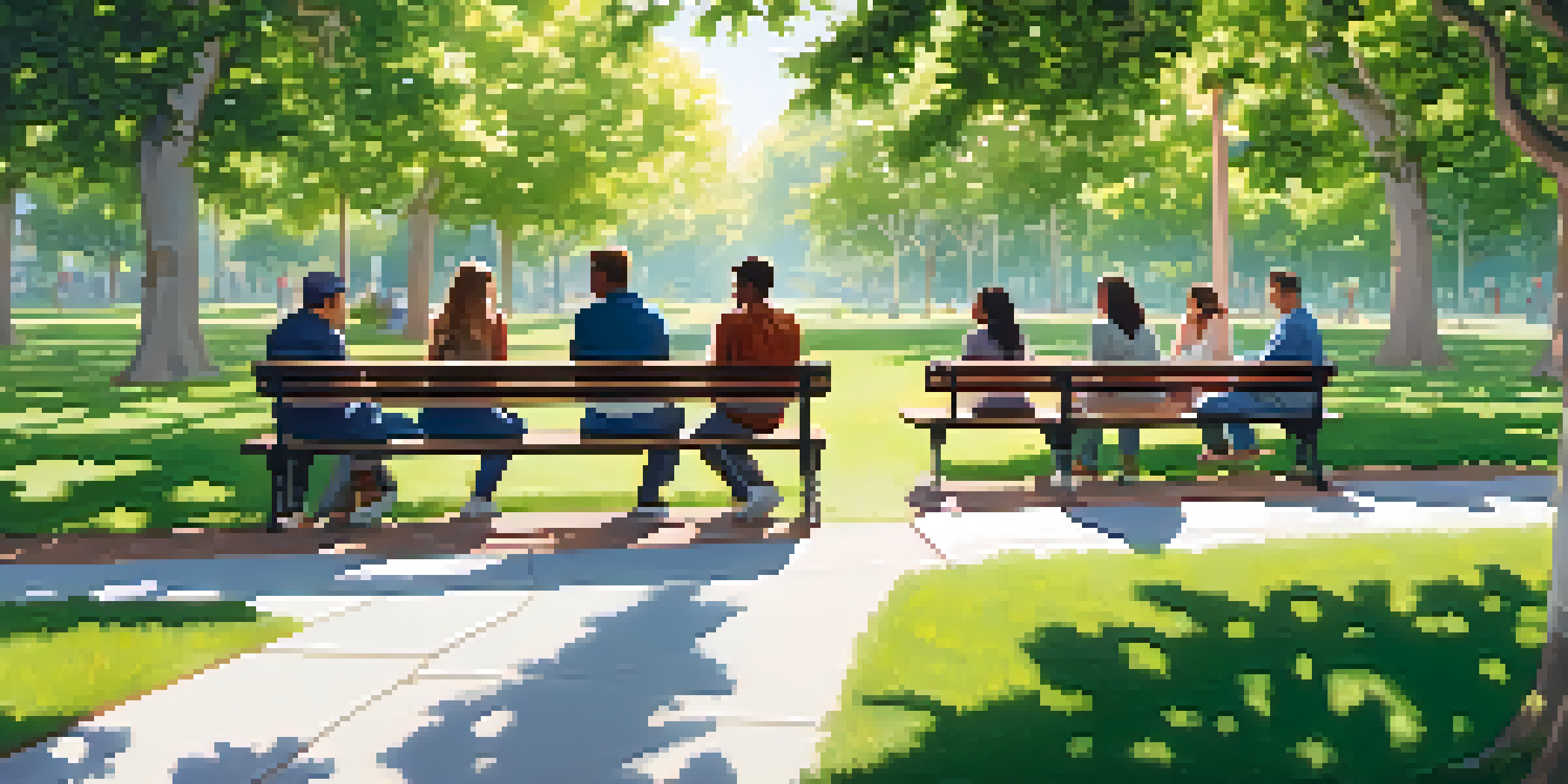 A peaceful park with people of various backgrounds sitting on benches, talking and sharing, with vibrant flowers and trees around them.