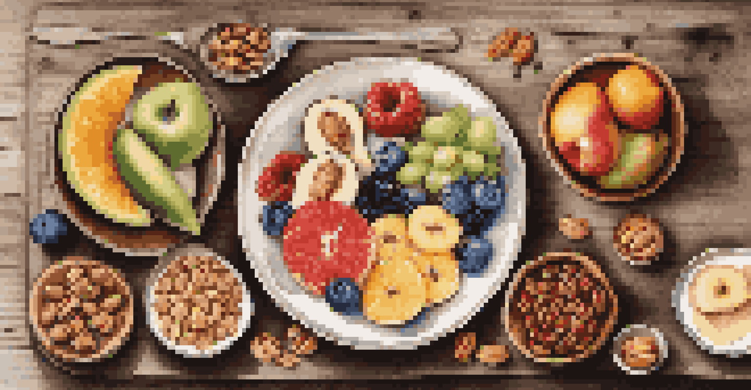 A colorful and healthy meal featuring fruits, whole grains, and nuts on a wooden table, illuminated by natural light.