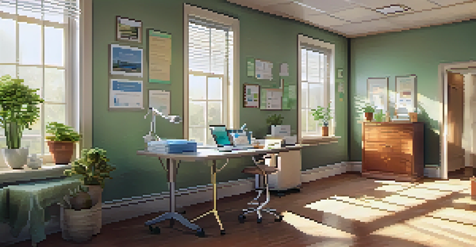 A well-lit doctor's office with a stethoscope, health brochures, and a potted plant on the desk, creating an inviting atmosphere for preventive check-ups.