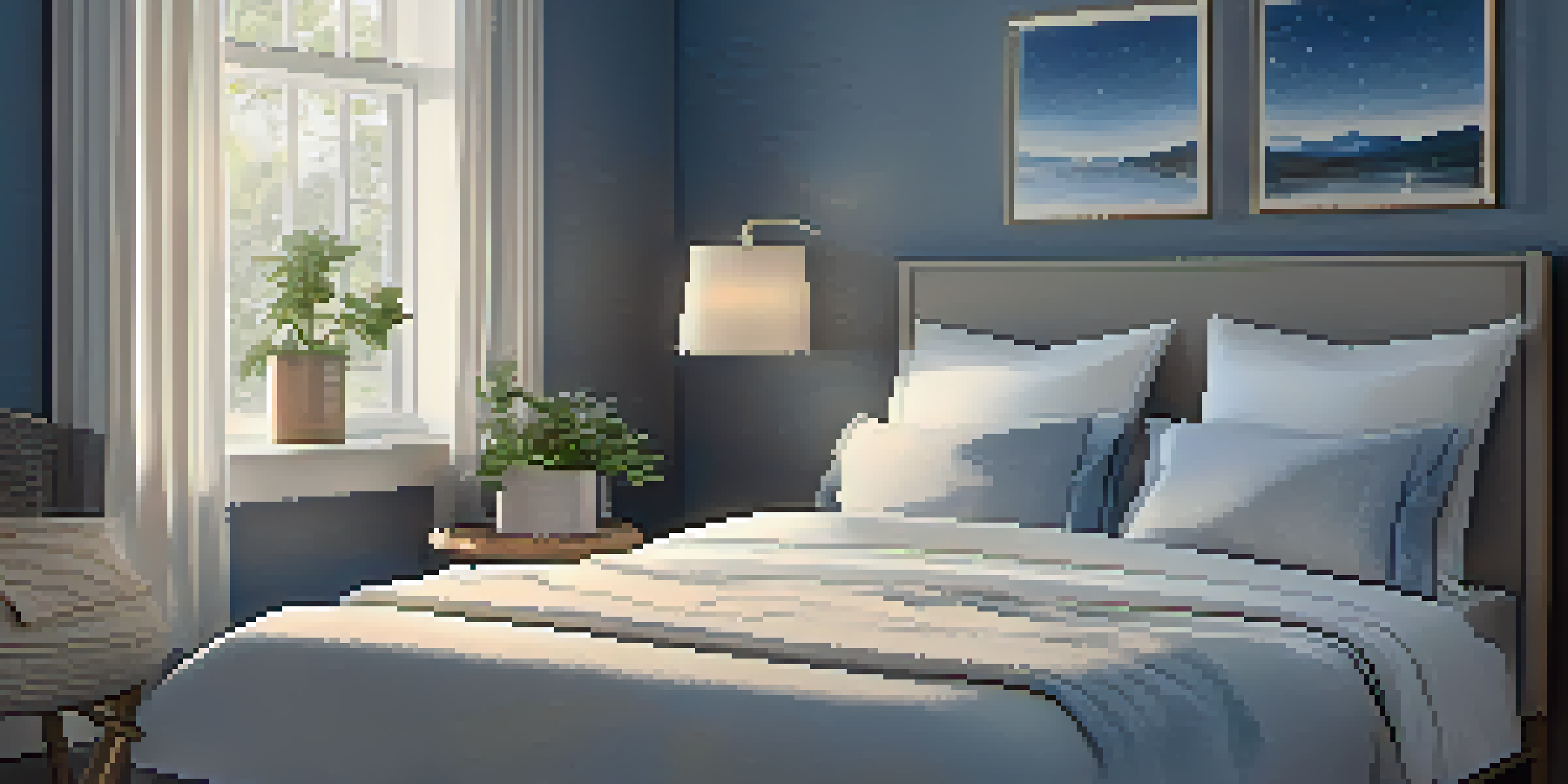 A peaceful bedroom featuring a cozy bed with soft linens, dim lighting, and a small plant on the bedside table, with a night sky visible through the window.