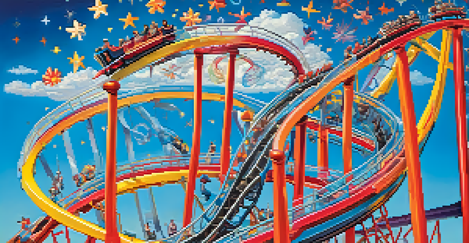 A colorful rollercoaster depicting the emotional journey of the menstrual cycle, with riders representing different feelings.