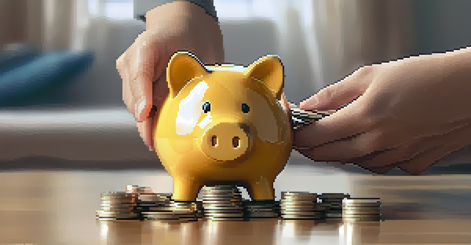 Close-up of hands adding coins to a piggy bank, symbolizing saving for financial goals.