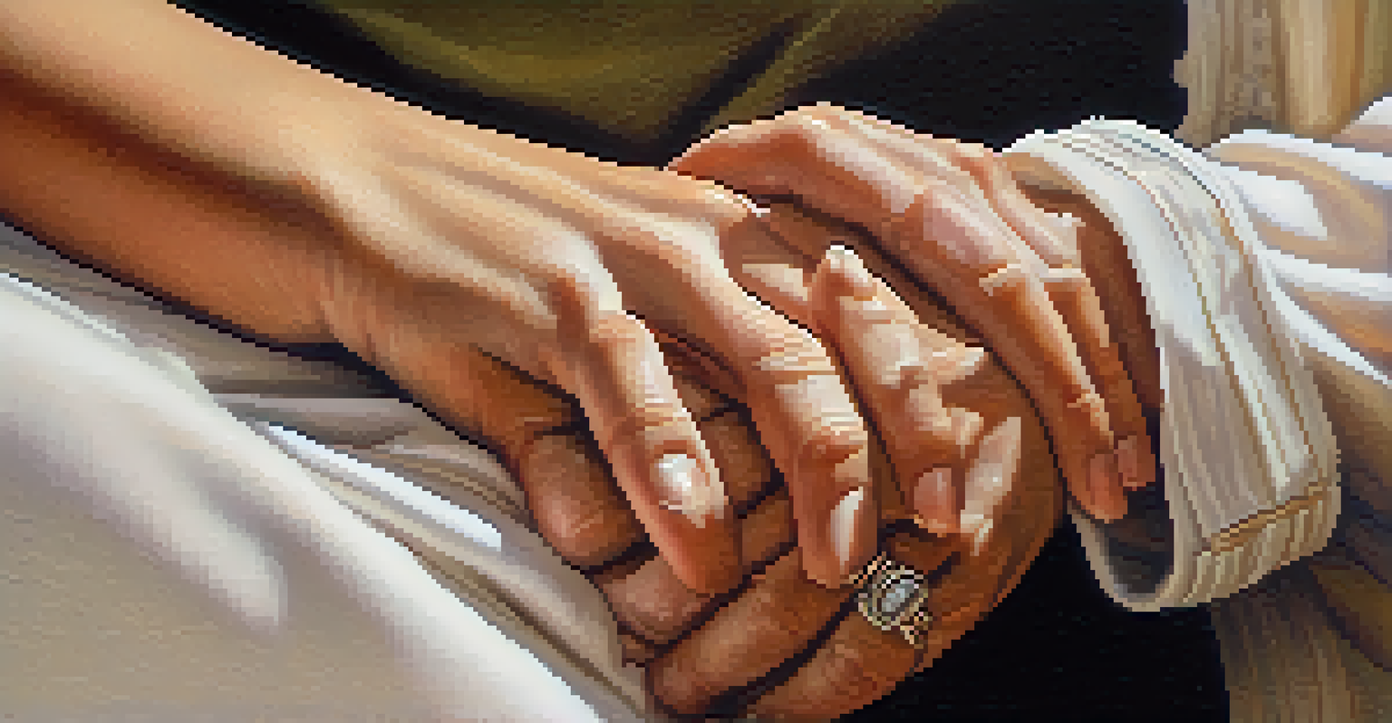 A close-up of two hands intertwined, representing support and emotional connection.