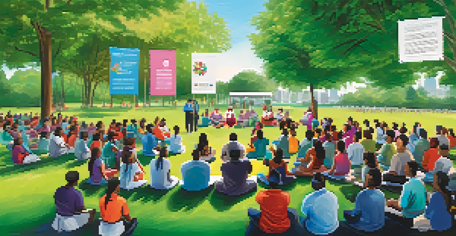 A community health workshop in a park with families listening to a speaker, surrounded by greenery.