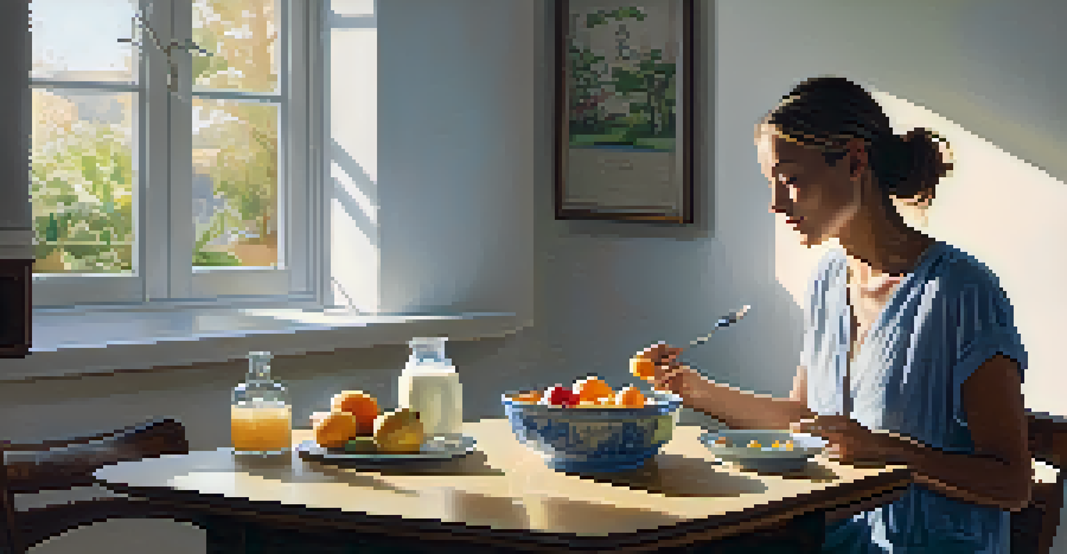 A person enjoying a bowl of yogurt with fresh fruits in a peaceful kitchen setting, practicing mindful eating.