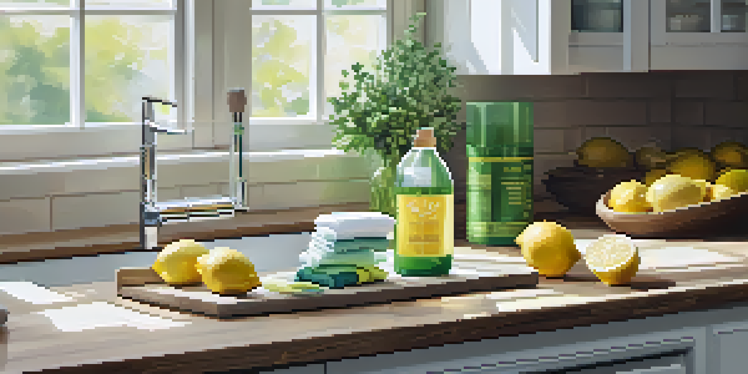 A bright kitchen with eco-friendly cleaning products, including glass spray bottles and reusable cloths, illuminated by natural light.