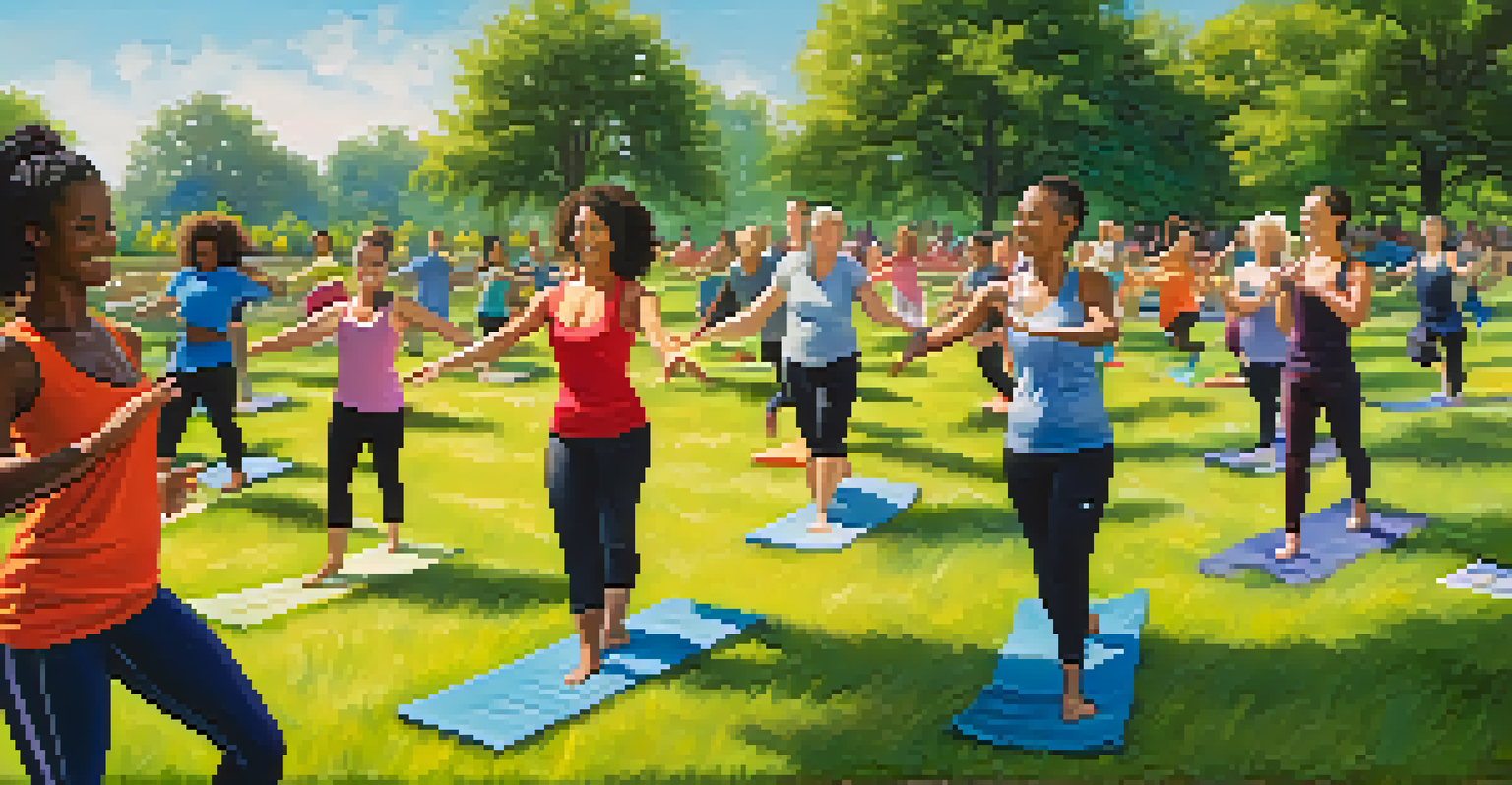 A diverse group of people practicing yoga in a sunny park, showcasing health and wellness.