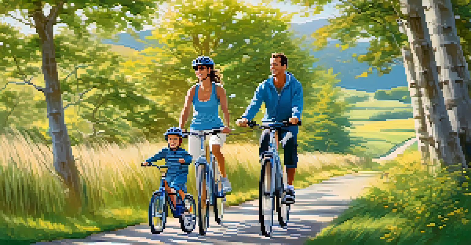 A family of four riding bikes together on a scenic trail, with hills and a blue sky in the background.