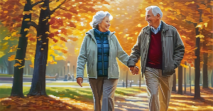 A senior couple walking hand in hand in a park filled with autumn leaves, smiling at each other under the warm sunlight.