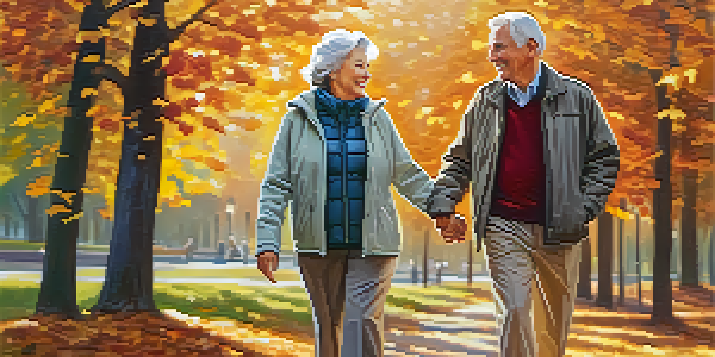 A senior couple walking hand in hand in a park filled with autumn leaves, smiling at each other under the warm sunlight.