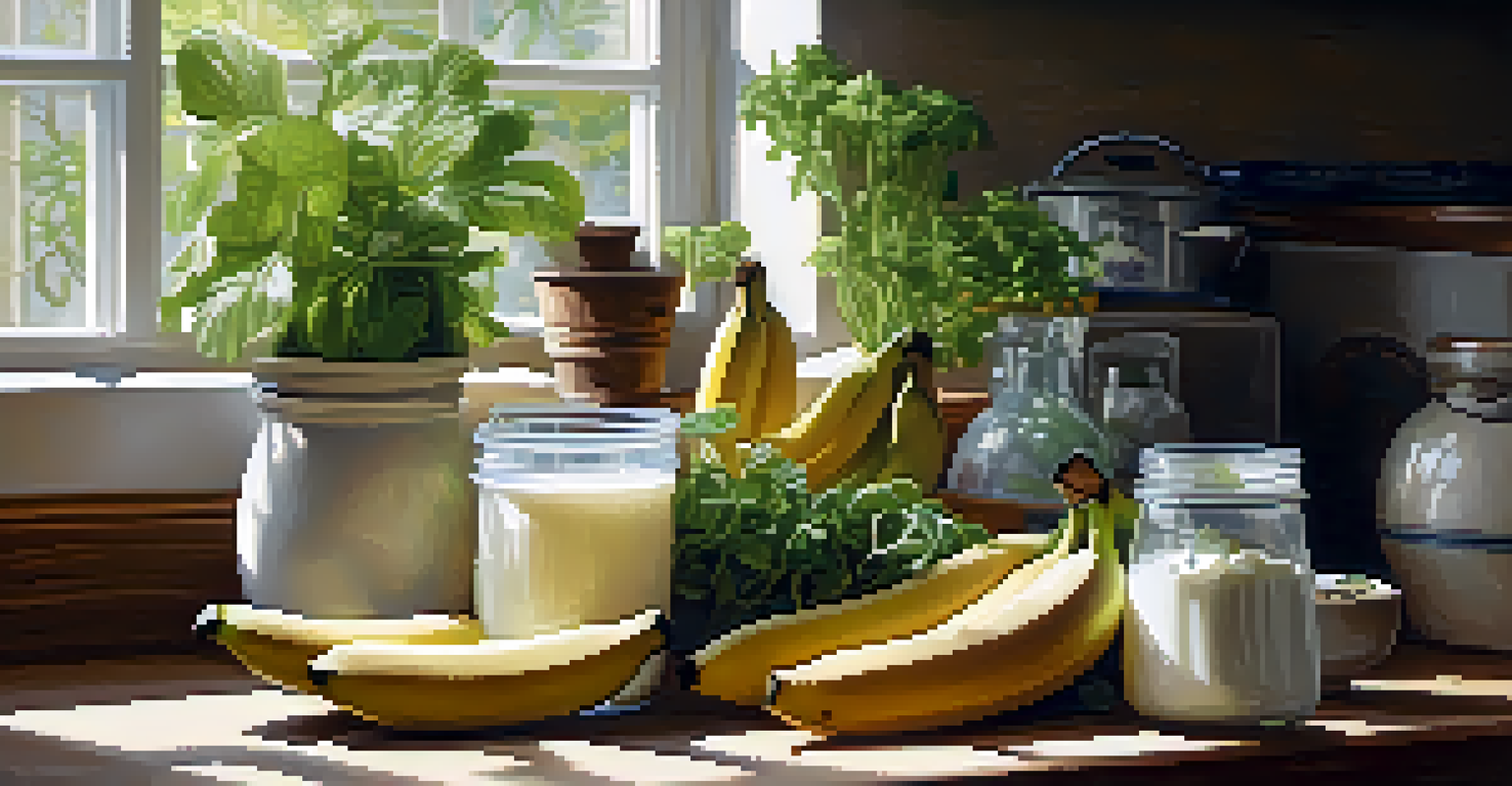 A cozy kitchen table filled with probiotic-rich foods like yogurt and bananas, illuminated by sunlight, with fresh herbs in a pot indicating a healthy diet.