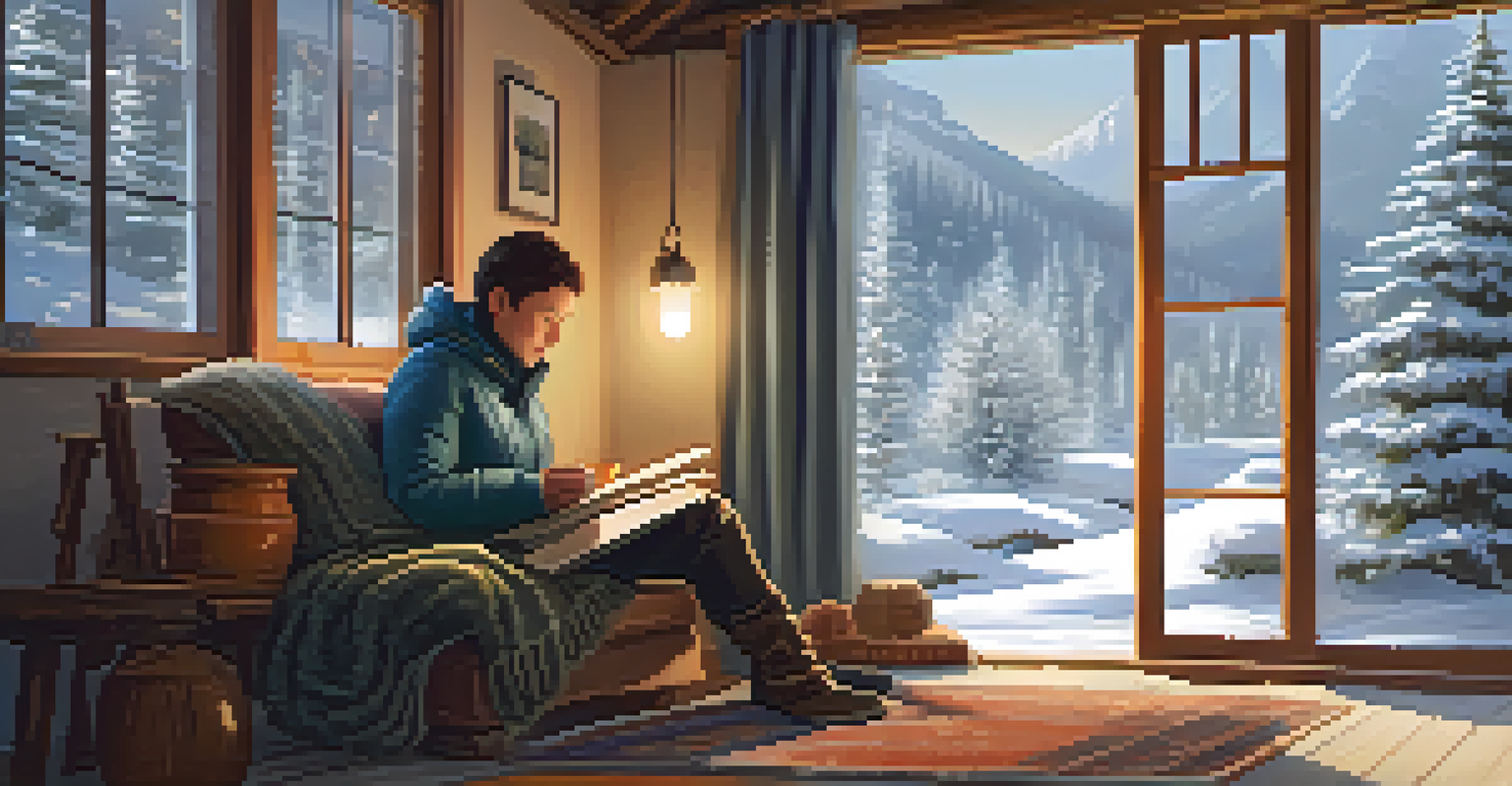 A person in winter clothing sitting by a window with a humidifier, snow outside, enjoying a warm drink and reading.