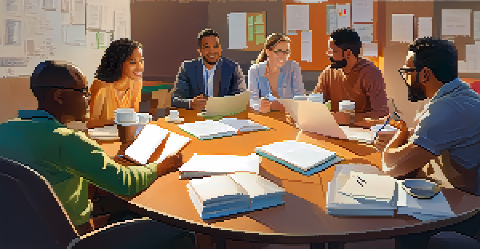 Diverse colleagues engaged in a friendly discussion, surrounded by notebooks and coffee cups in a cozy setting.