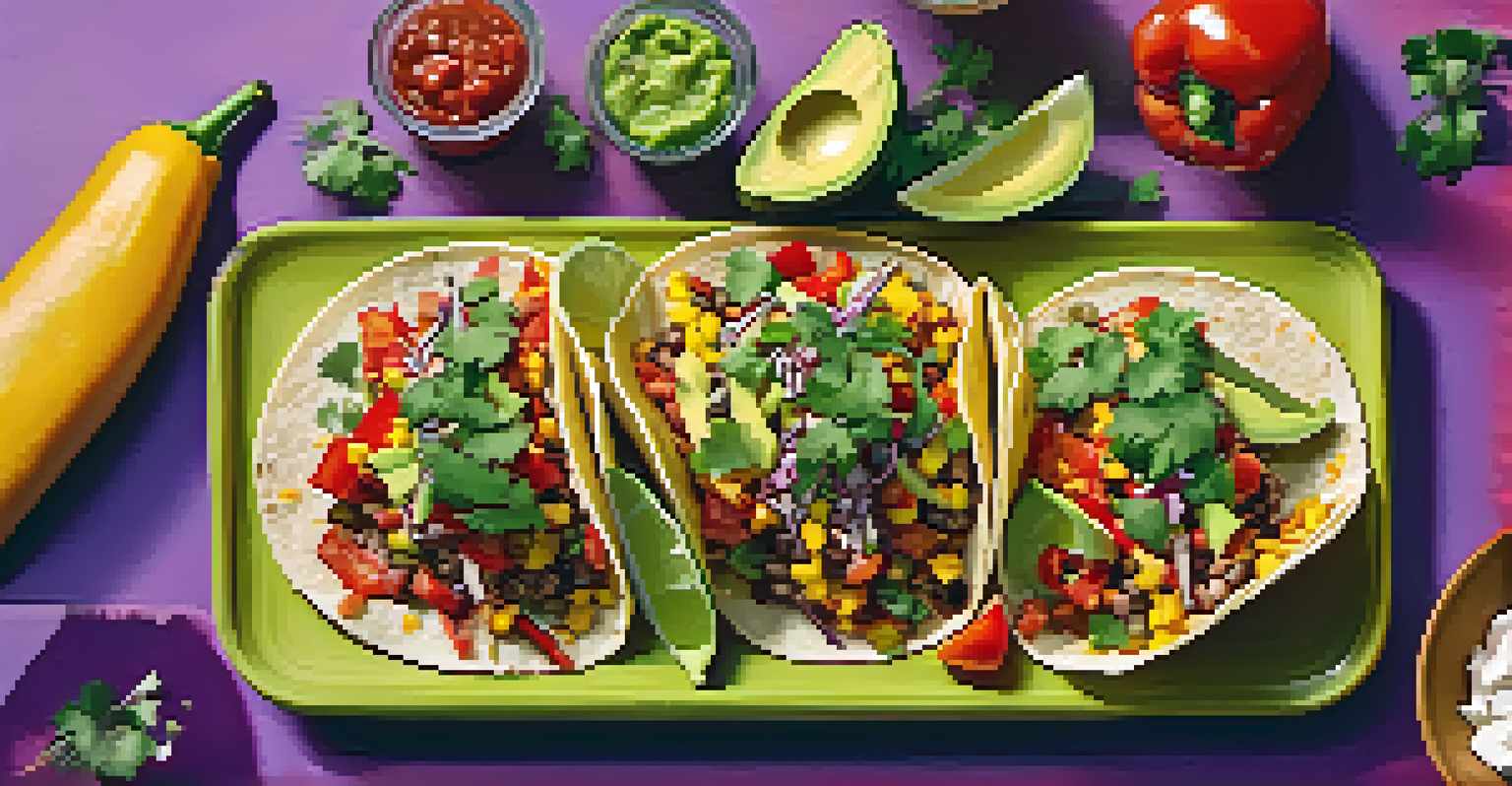 Veggie tacos being prepared with colorful ingredients on a vibrant table.