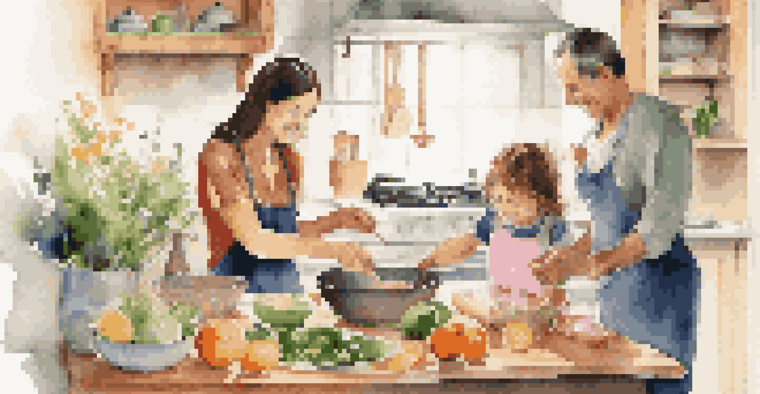 A parent and child cooking together in a bright kitchen, with fresh ingredients and a warm atmosphere.