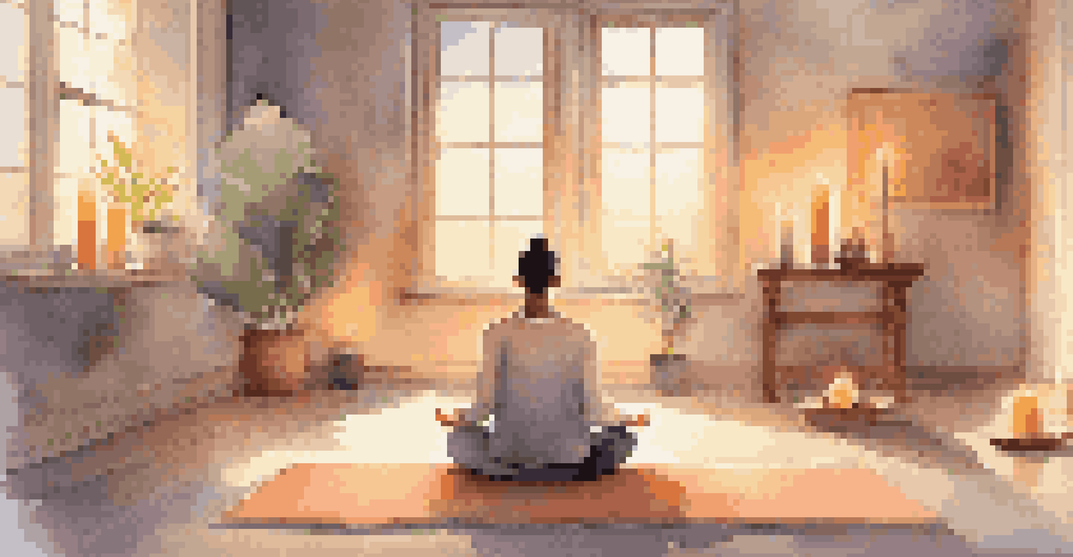 A person meditating on a yoga mat surrounded by cushions and candles, creating a calming atmosphere for relaxation and mindfulness.