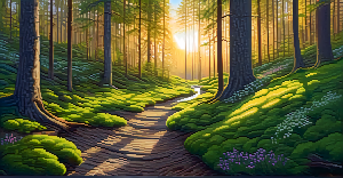 A tranquil forest with sunlight streaming through trees, illuminating the mossy ground and a clear stream.