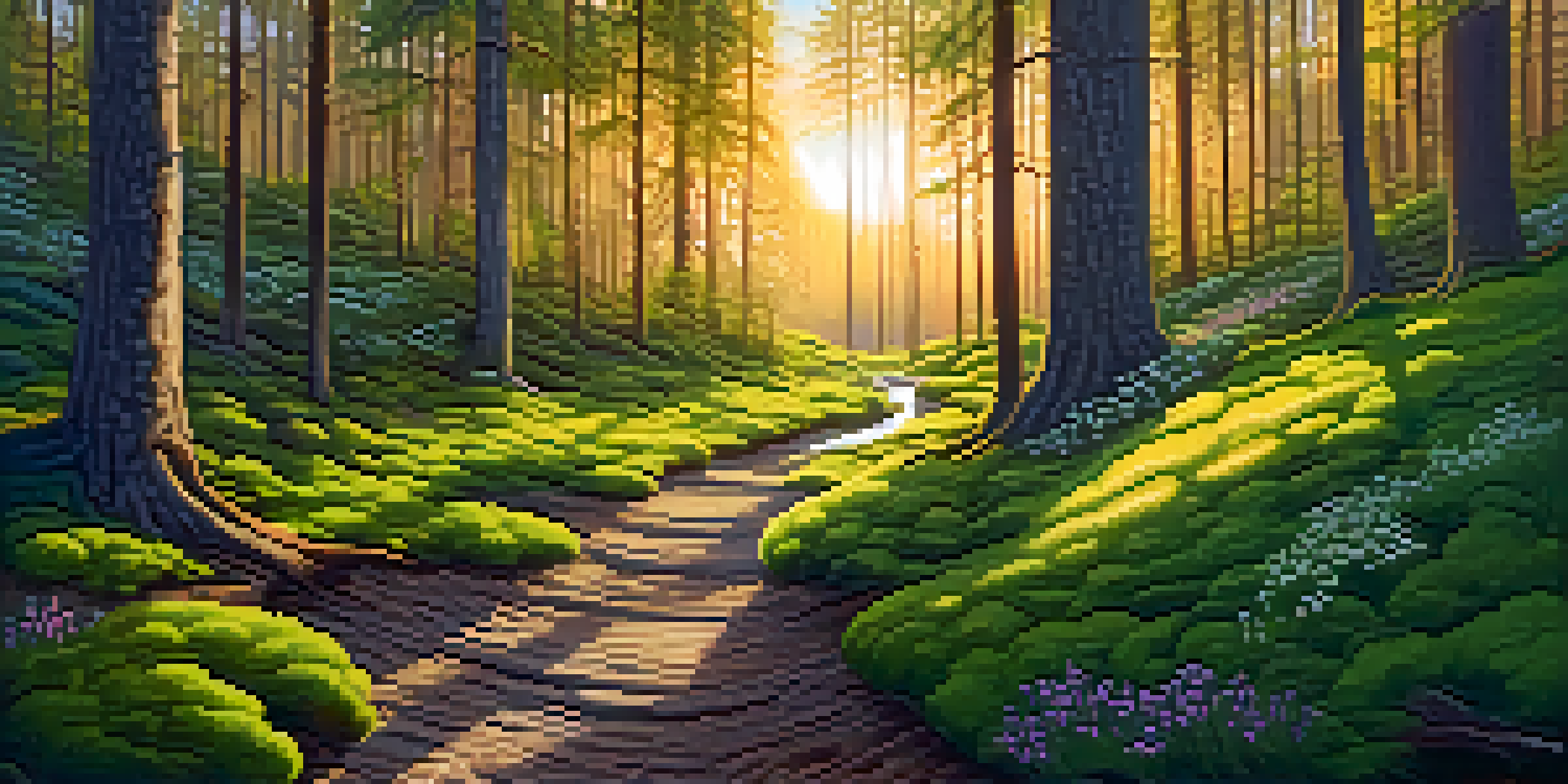 A tranquil forest with sunlight streaming through trees, illuminating the mossy ground and a clear stream.