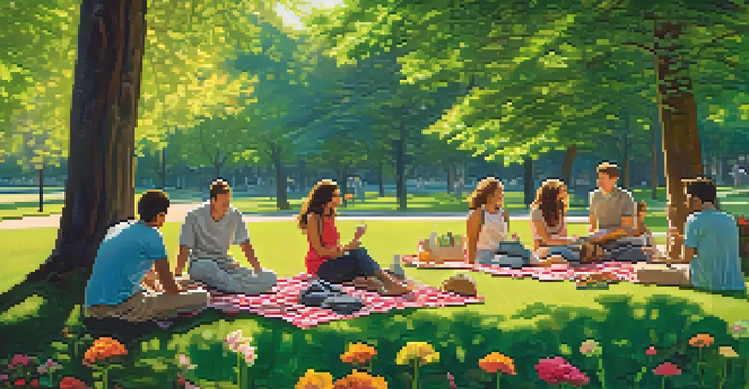 A group of friends having a picnic in a vibrant green park, surrounded by flowers and trees under sunlight.