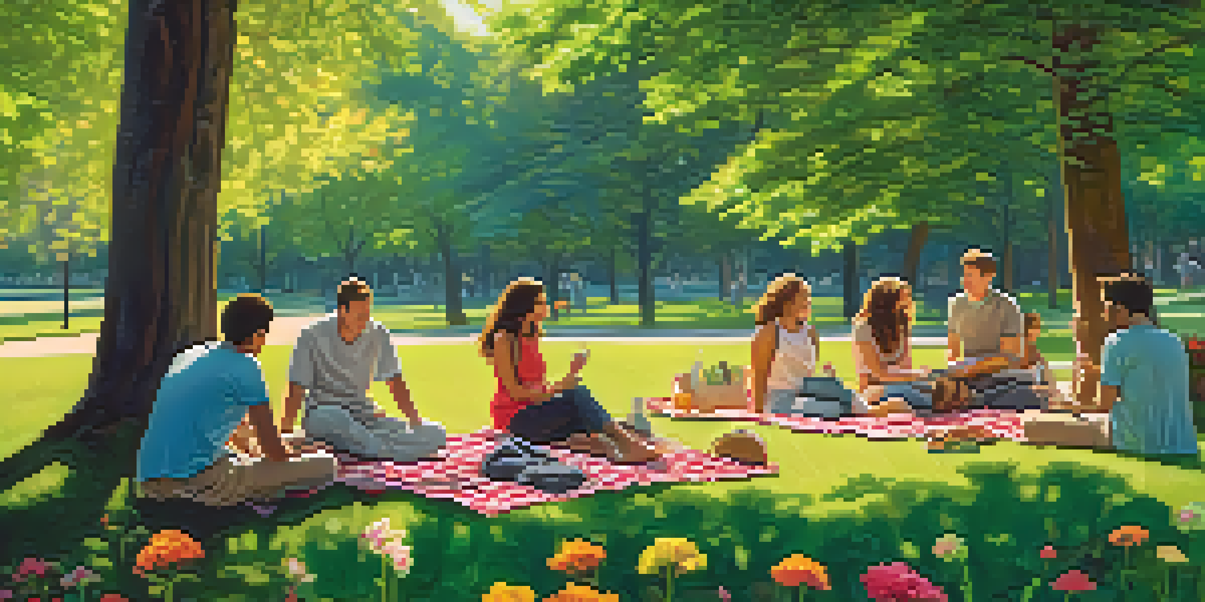 A group of friends having a picnic in a vibrant green park, surrounded by flowers and trees under sunlight.