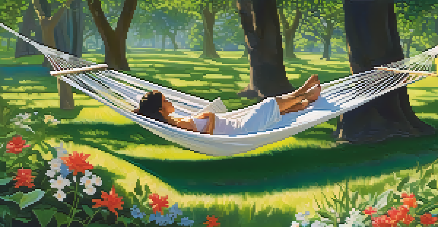 A person napping in a hammock in a sunny park surrounded by greenery and flowers.