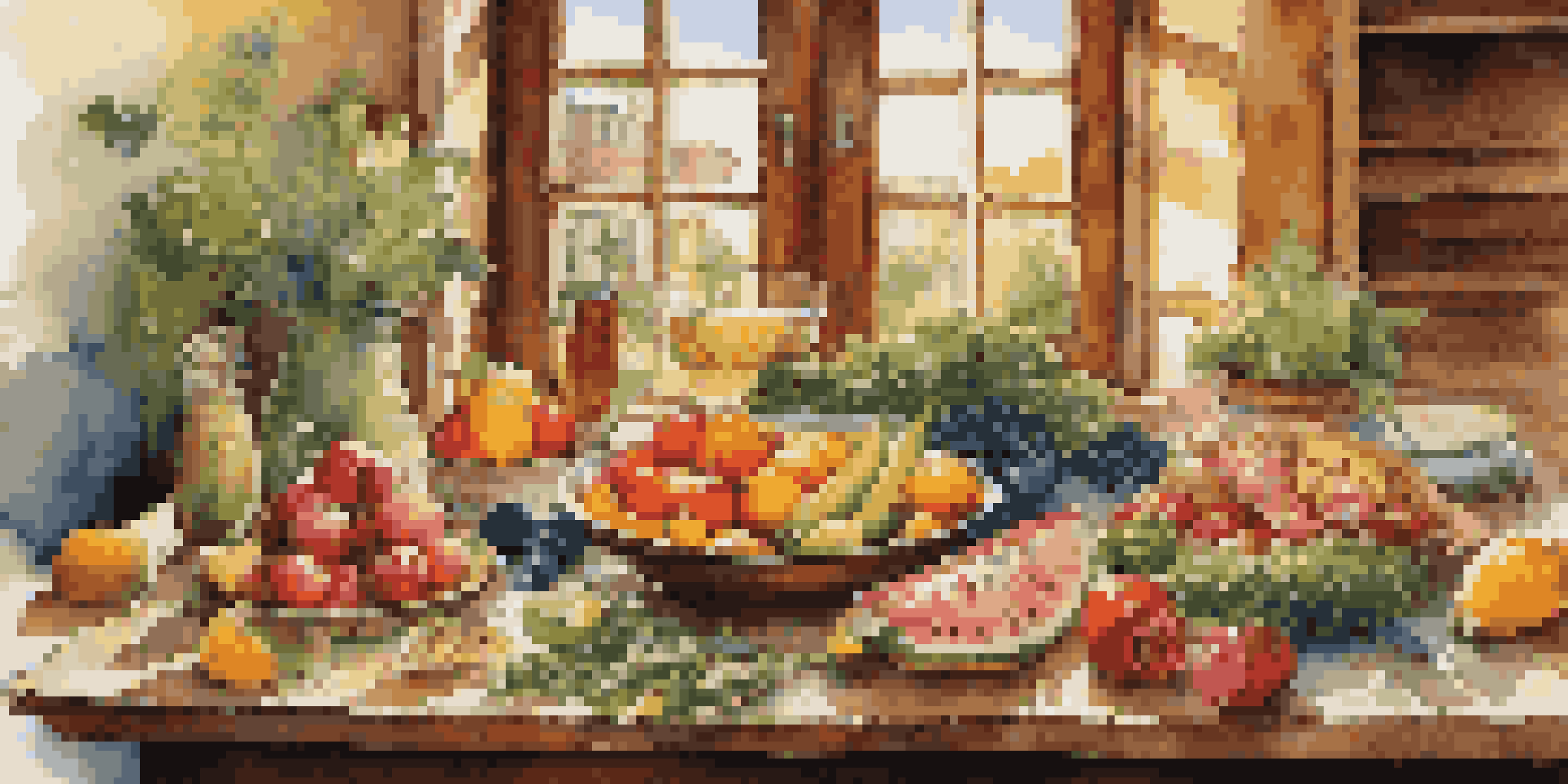 A Mediterranean table filled with colorful whole foods like vegetables, fruits, and proteins under warm sunlight.