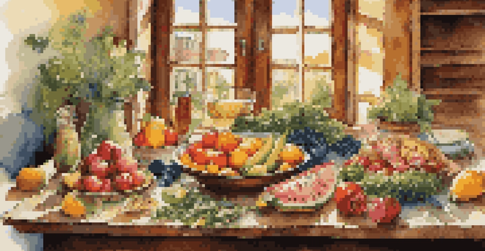 A Mediterranean table filled with colorful whole foods like vegetables, fruits, and proteins under warm sunlight.