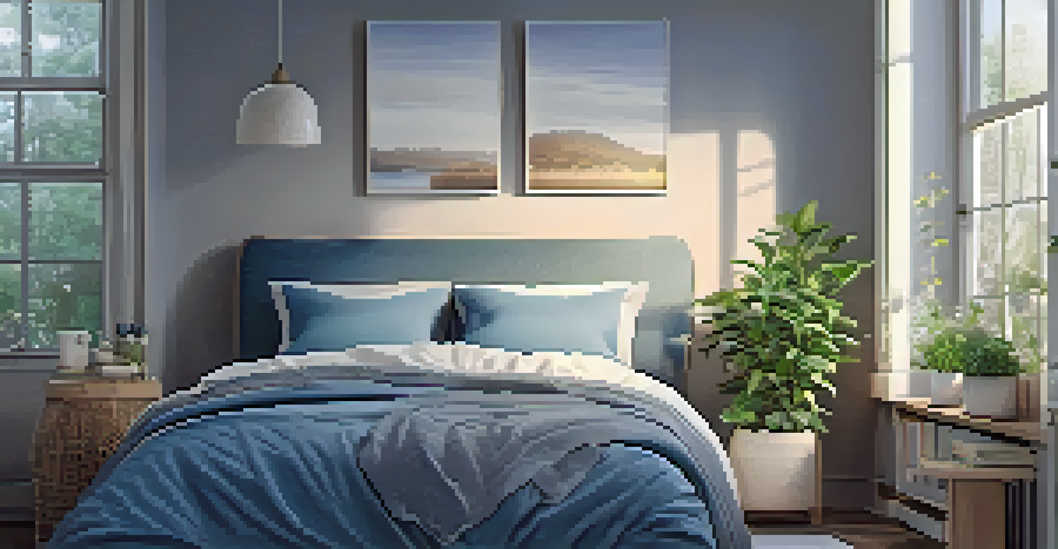 A cozy bedroom with a comfortable bed and calming decor, emphasizing relaxation and a peaceful sleeping environment.