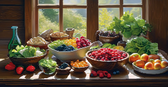 A colorful assortment of healthy foods including leafy greens, fresh berries, nuts, and lean proteins on a wooden table, illuminated by sunlight.