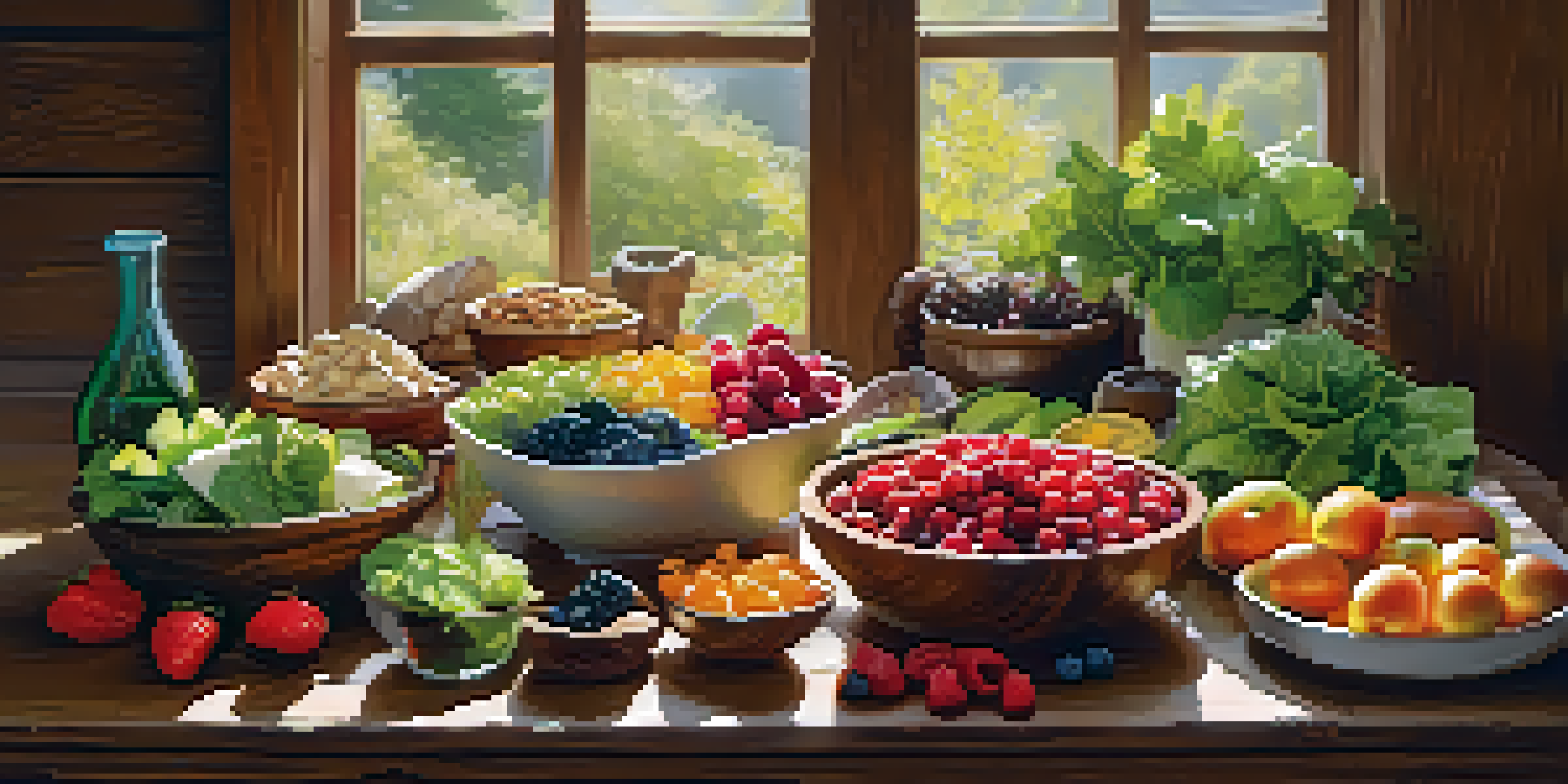 A colorful assortment of healthy foods including leafy greens, fresh berries, nuts, and lean proteins on a wooden table, illuminated by sunlight.
