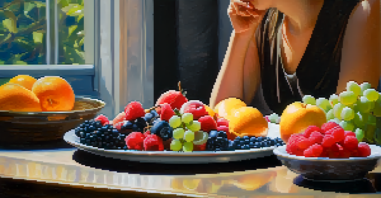 A close-up of a person enjoying a plate of fresh fruits, focusing on the colors and textures for mindful eating.