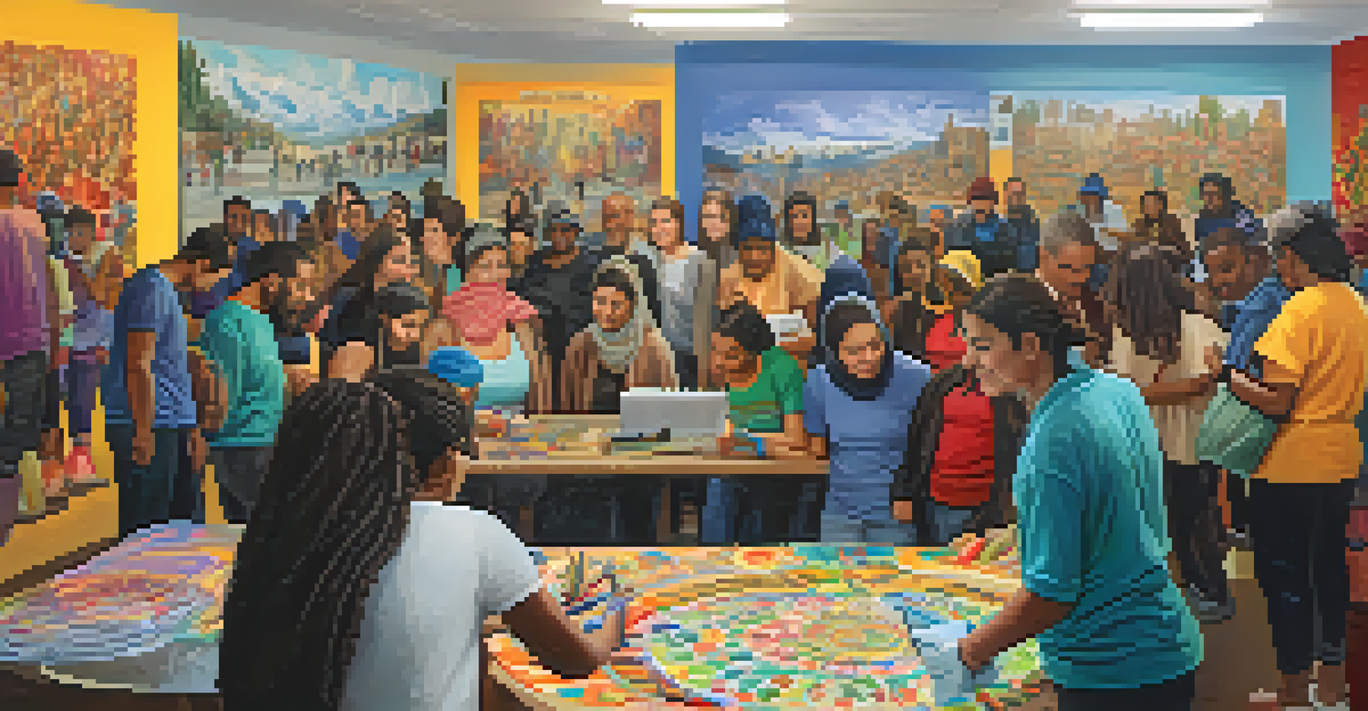 A vibrant community center scene showing refugees and local residents working together on an art project, surrounded by colorful murals.