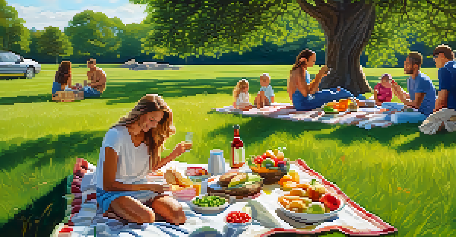 A vibrant outdoor picnic with healthy foods on a blanket, surrounded by greenery and people enjoying their meals.