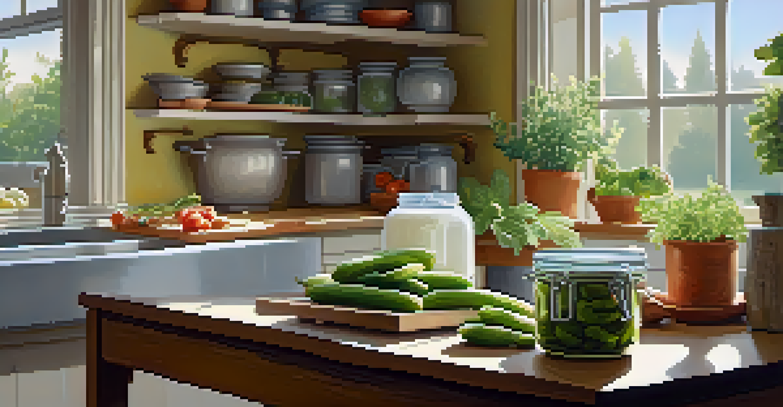 A peaceful kitchen scene showing a person preparing fermented foods like yogurt and pickles, with fresh ingredients and natural light streaming through the window.