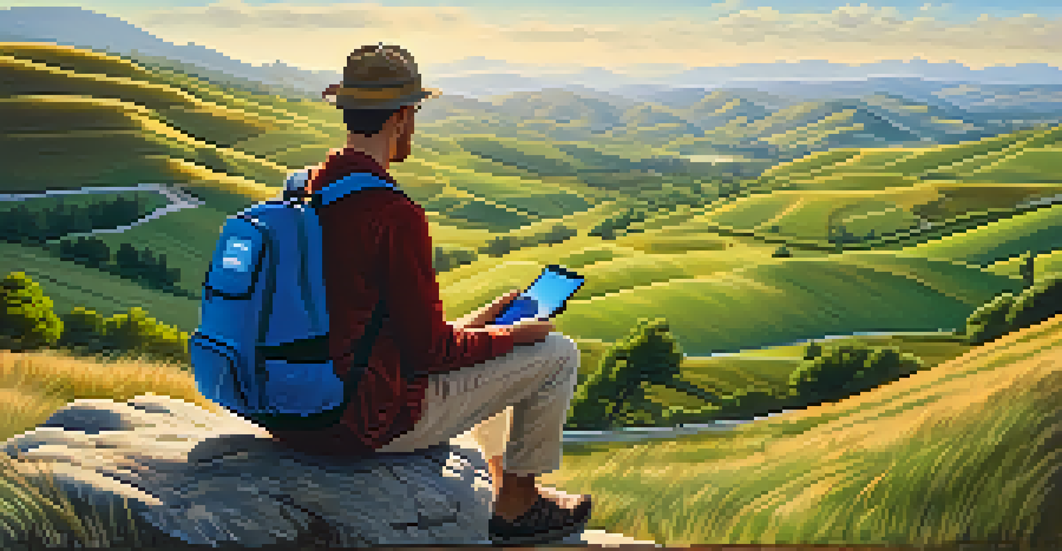 A traveler discussing health insurance options on a smartphone against a scenic outdoor backdrop.