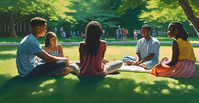 A diverse group of young people sitting in a circle in a park, engaged in a supportive conversation, surrounded by greenery and flowers.